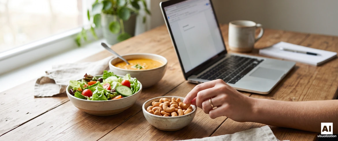 Anacardos tostados en un cuenco junto a una ensalada, una sopa y un ordenador portátil.