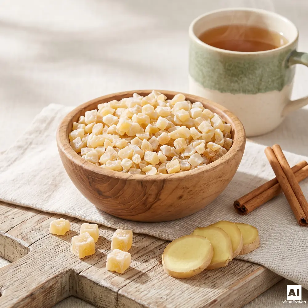 Un cuenco de madera con trocitos de jengibre confitado junto a una taza de té, canela y rodajas de jengibre fresco.