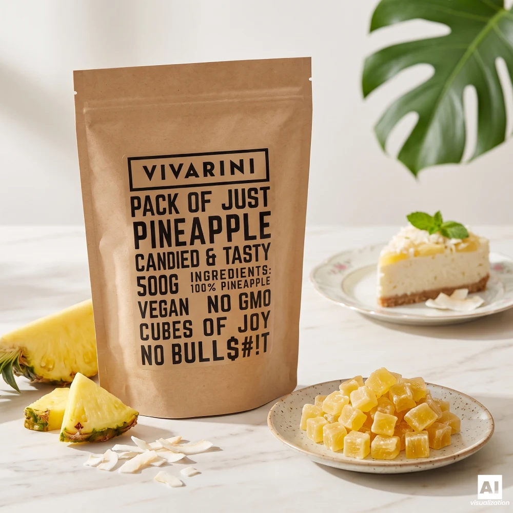 Un envase tipo «doypack» de piña confitada Vivarini junto a una tarta de queso y coco y unas rodajas de piña fresca sobre una encimera.