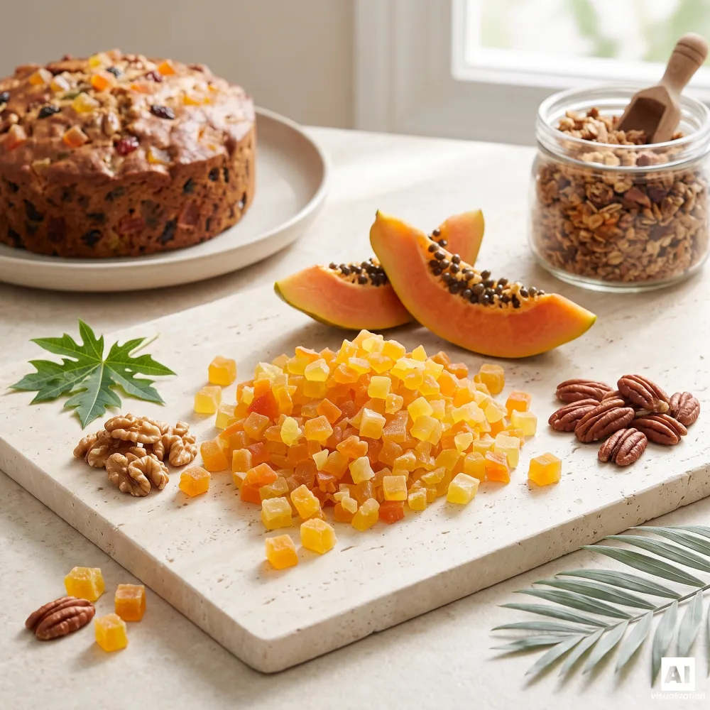 Trozos de papaya confitada junto a un pastel de frutas, un tarro de muesli casero, frutos secos y papaya fresca y madura.