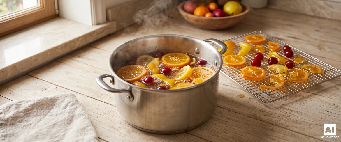 Naranjas y arándanos rojos cocinados en almíbar durante el proceso de confitado de la fruta, con fruta secándose en una rejilla junto a ellos.
