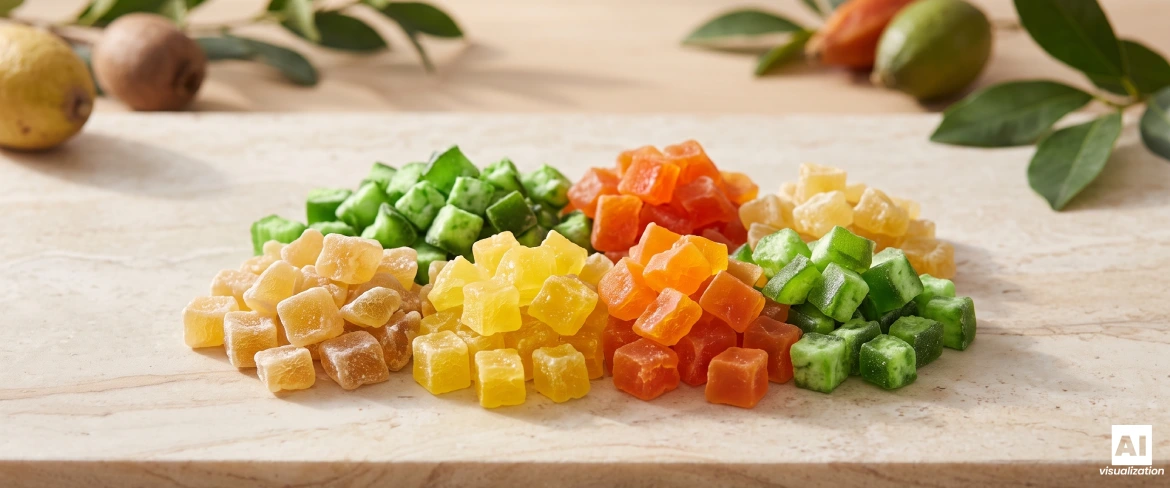 Cubitos de colores de fruta confitada —piña, papaya y pomelo— dispuestos sobre una encimera de cocina de piedra clara.