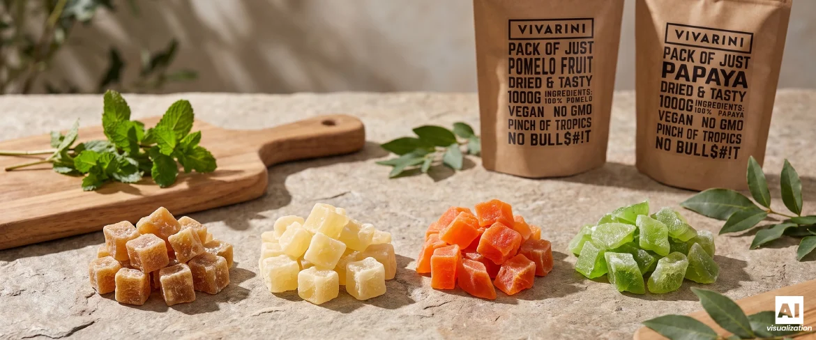 Cubitos de fruta confitada junto a envases tipo «doypack» de pomelo confitado y papaya confitada de la marca Vivarini sobre una encimera de piedra.
