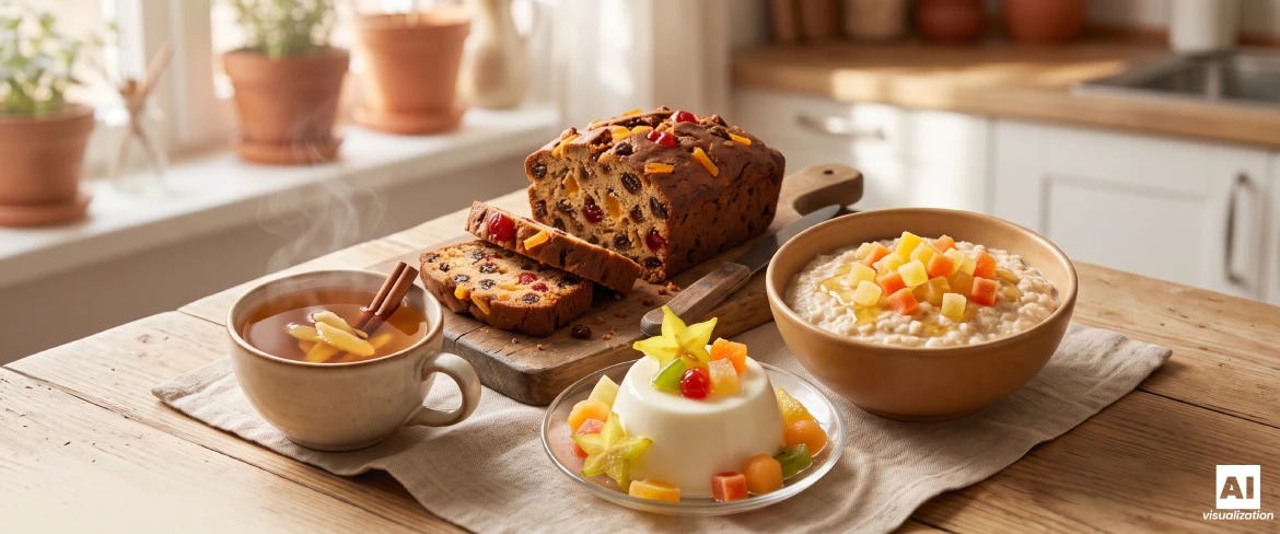Un pastel con frutos secos, un té aromático, una panna cotta y unas gachas con fruta confitada sobre una mesa de cocina de madera.