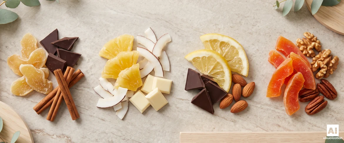 Combinaciones recomendadas de frutas confitadas con chocolate, frutos secos, coco y especias cálidas.