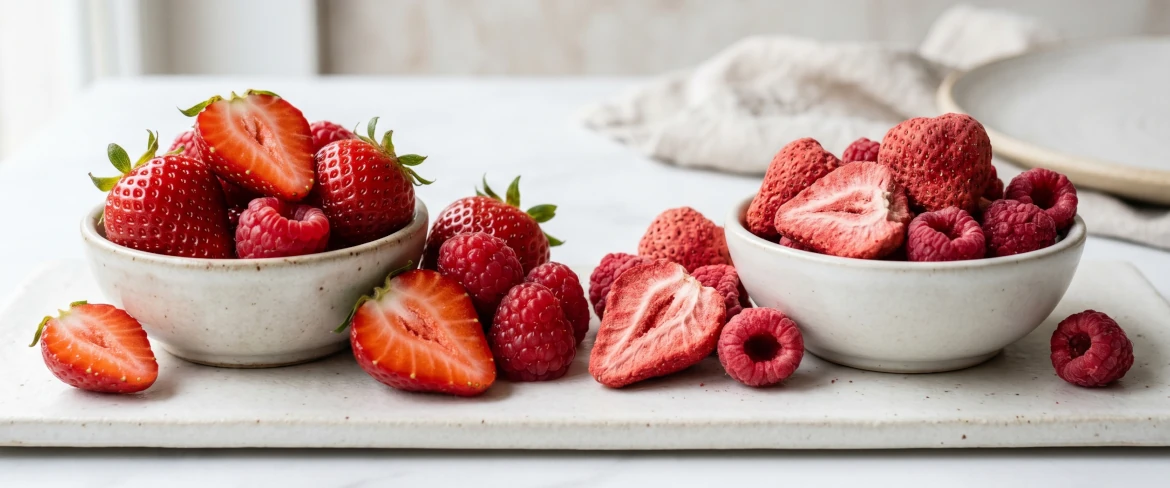 Fresas y frambuesas liofilizadas en comparación con la fruta fresca