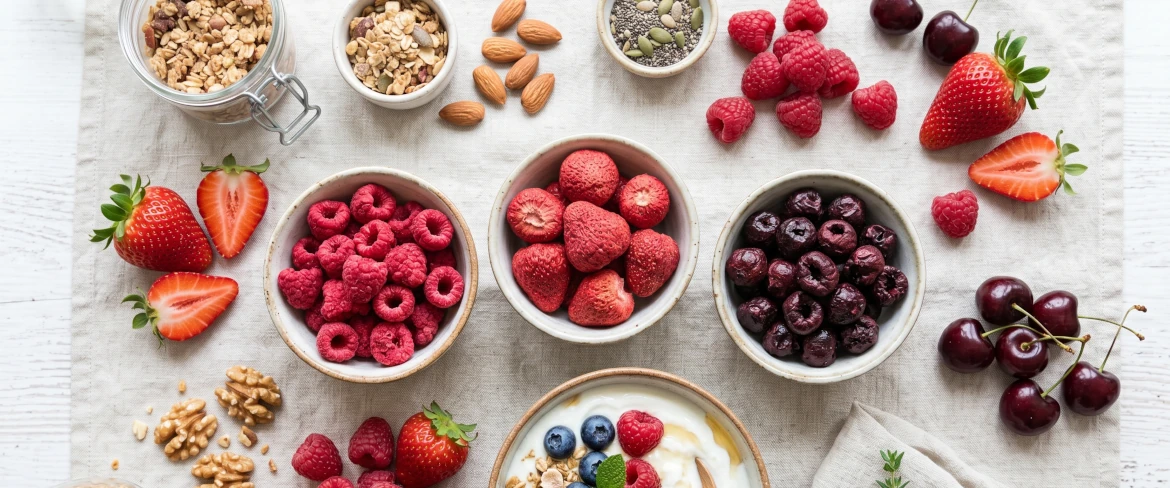 Fruta liofilizada en cuencos: fresas liofilizadas, frambuesas liofilizadas y cerezas liofilizadas