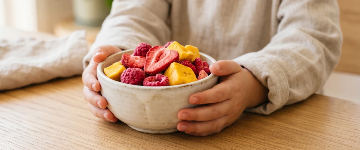 Fruta liofilizada para niños: un tentempié saludable en un cuenco