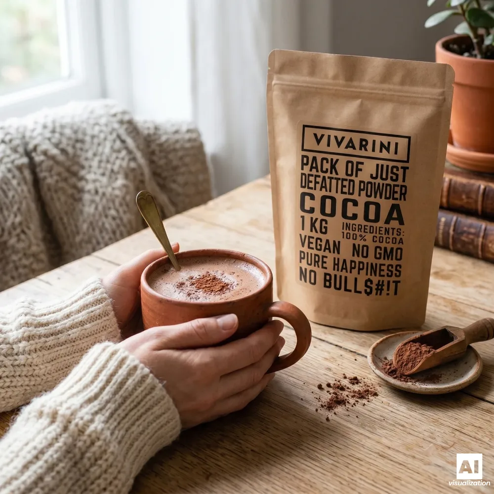 Cacao en polvo alcalinizado de Vivarini con una taza de chocolate caliente.