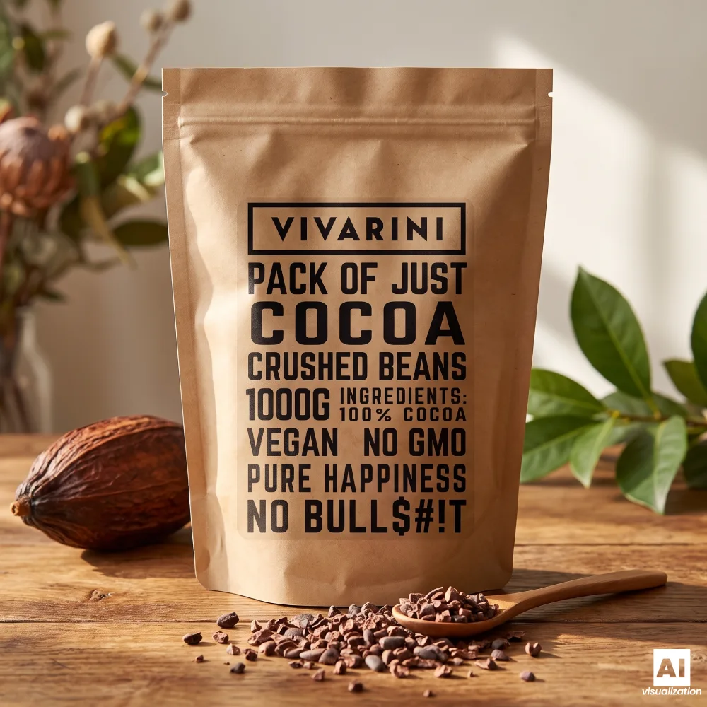 Cacao en grano triturado de Vivarini en un envase con trocitos dispersos.