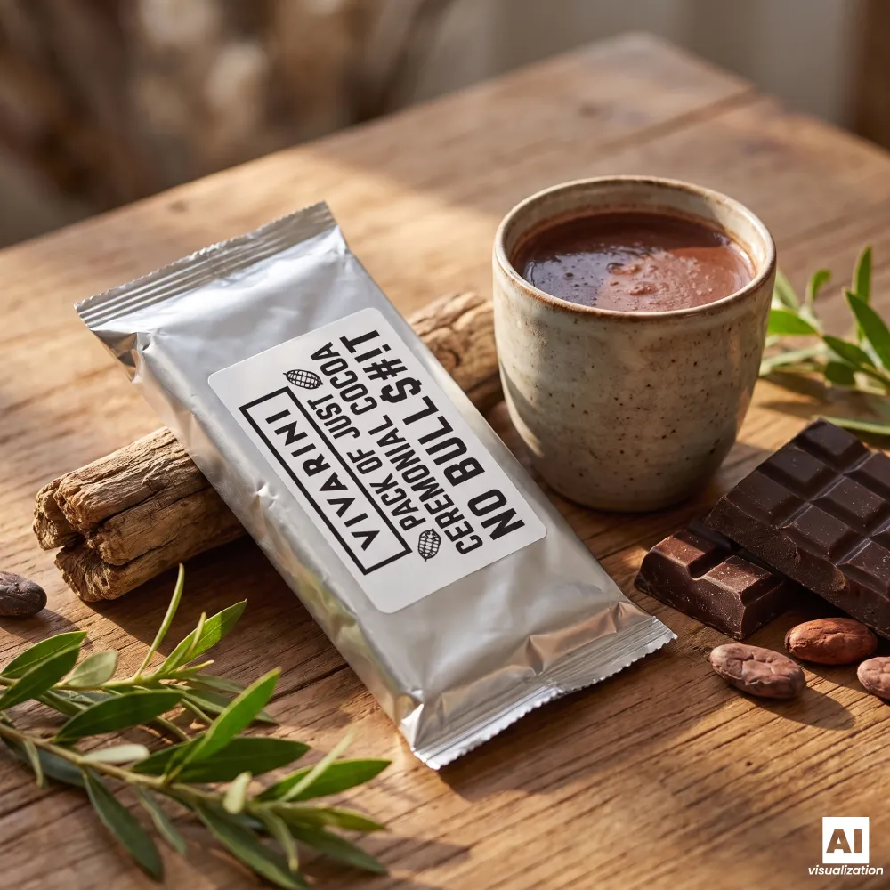 Cacao ceremonial Vivarini Criollo en un envase plateado junto a una taza de cacao.