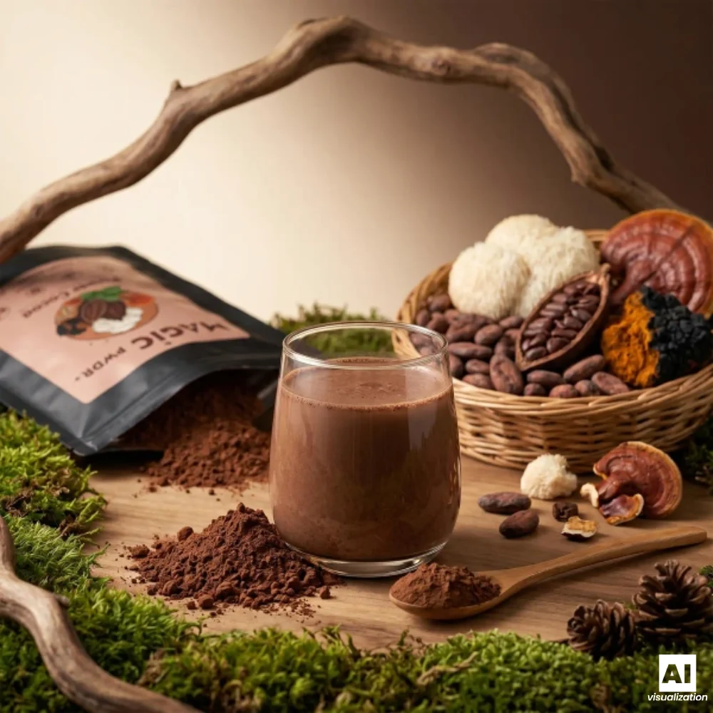«Magic Pwdr Power Cocoa», es decir, cacao con extractos de setas, junto a una taza de chocolate caliente.