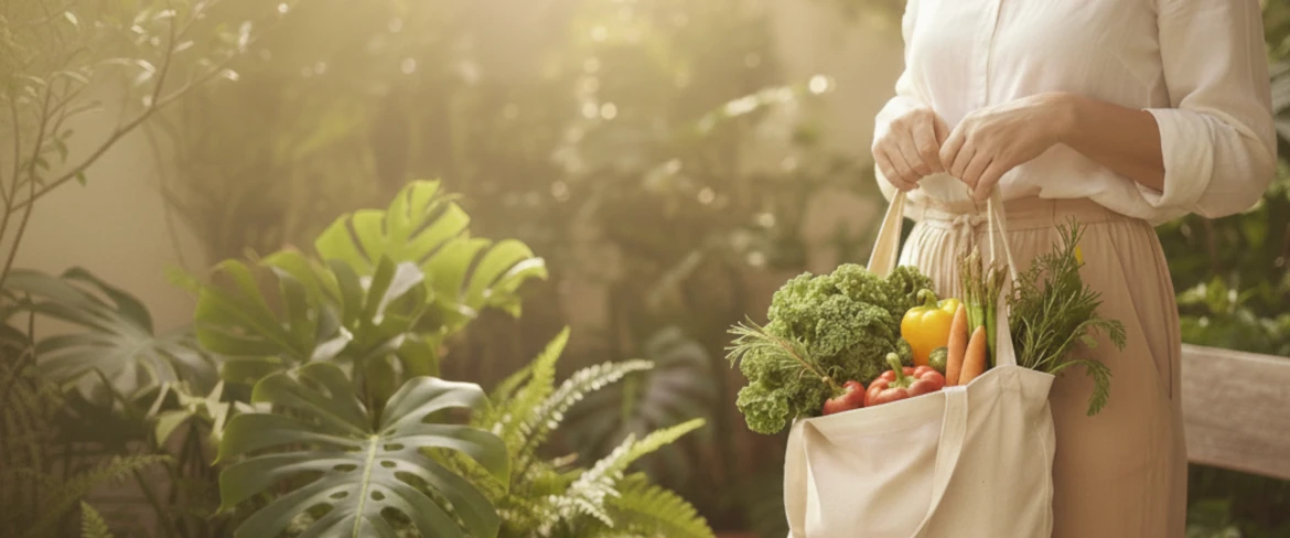 Estilo de vida ecológico y elección de alimentos orgánicos: bolsa llena de productos orgánicos, como verduras frescas y hierbas aromáticas.