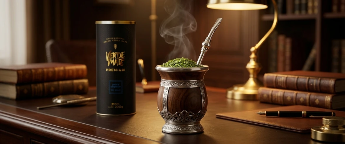 El ritual tradicional de preparar yerba mate premium caliente en una elegante calabaza de mate junto a un tubo de la marca Verde Mate