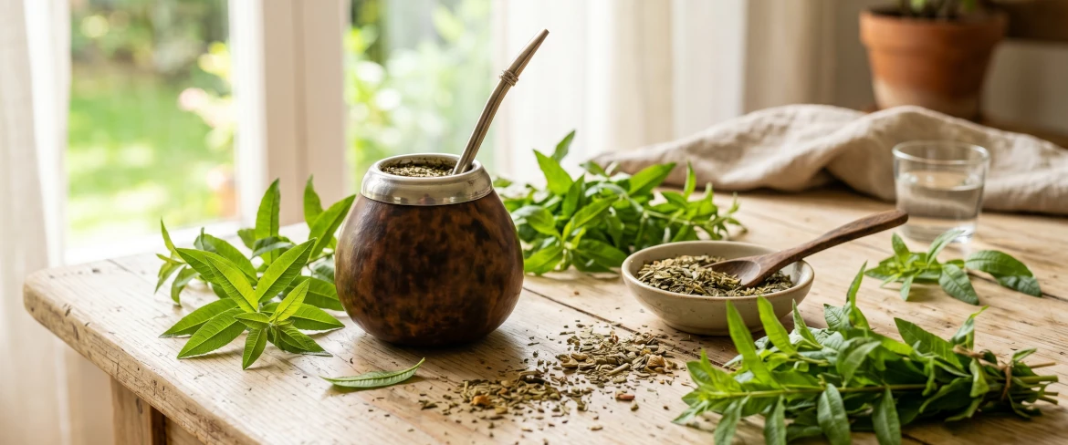 Una calabaza de yerba mate rodeada de hierbas. Descubre a qué se puede añadir la hierba luisa.