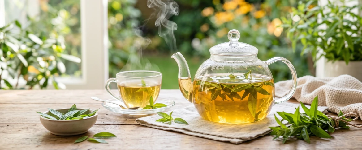 Infusión caliente de hierba luisa en una tetera de cristal.