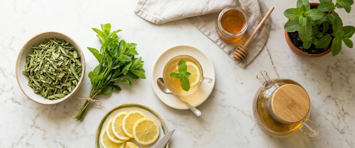 Ingredientes para preparar té de hierba luisa, dispuestos en una vista desde arriba.