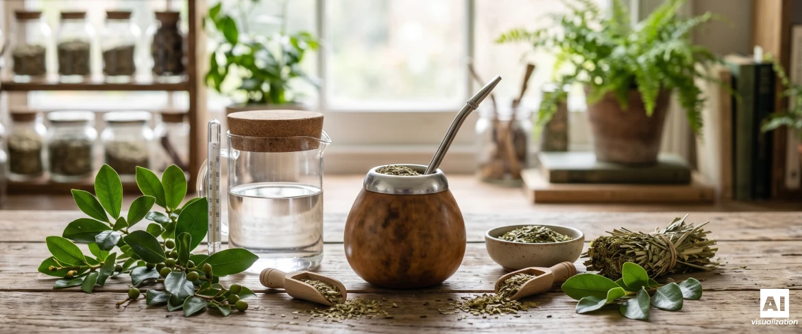 Una calabaza de mate con yerba mate, hojas de yerba mate, yerba mate seca, agua y un termómetro para preparar la infusión.