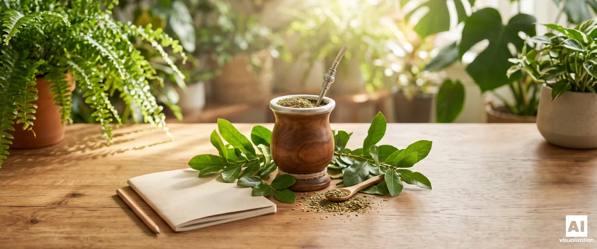 Yerba mate en una calabaza de madera con hojas de yerba mate y un cuaderno sobre una mesa.