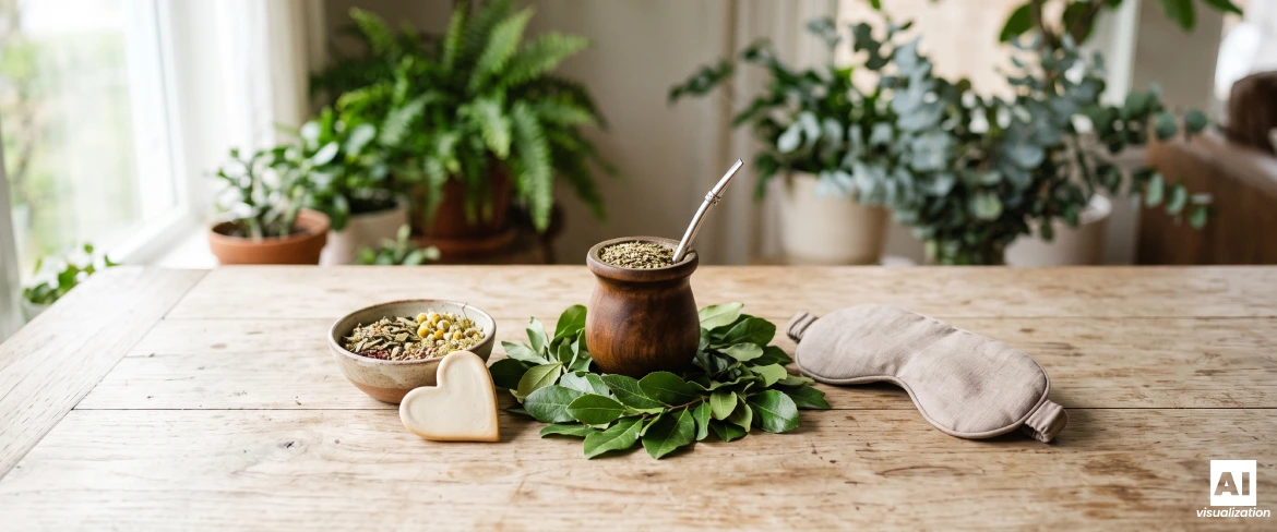 Yerba mate en una calabaza de mate rodeada de hojas, hierbas y un antifaz para dormir.