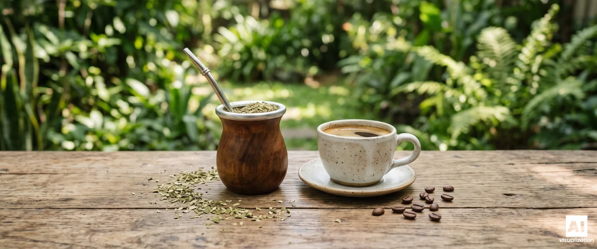 Una taza de yerba mate y una taza de café, una al lado de la otra, sobre una mesa de madera.