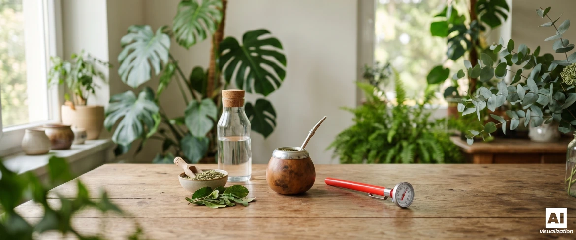 Una calabaza de mate con yerba mate, agua, yerba mate seca y un termómetro para comprobar la temperatura de la infusión.