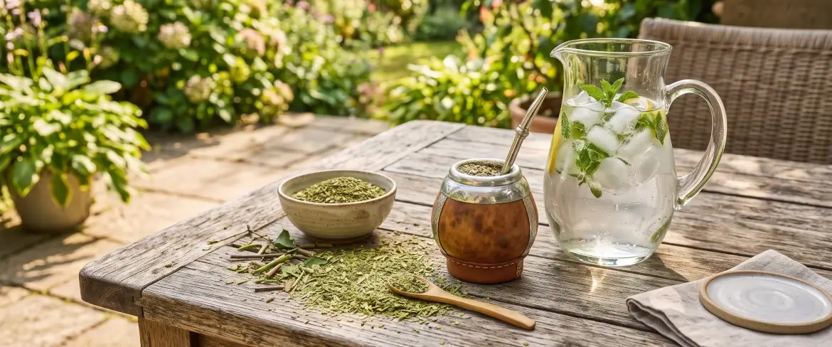 Hojas de yerba mate y una jarra de cristal con agua bien fría