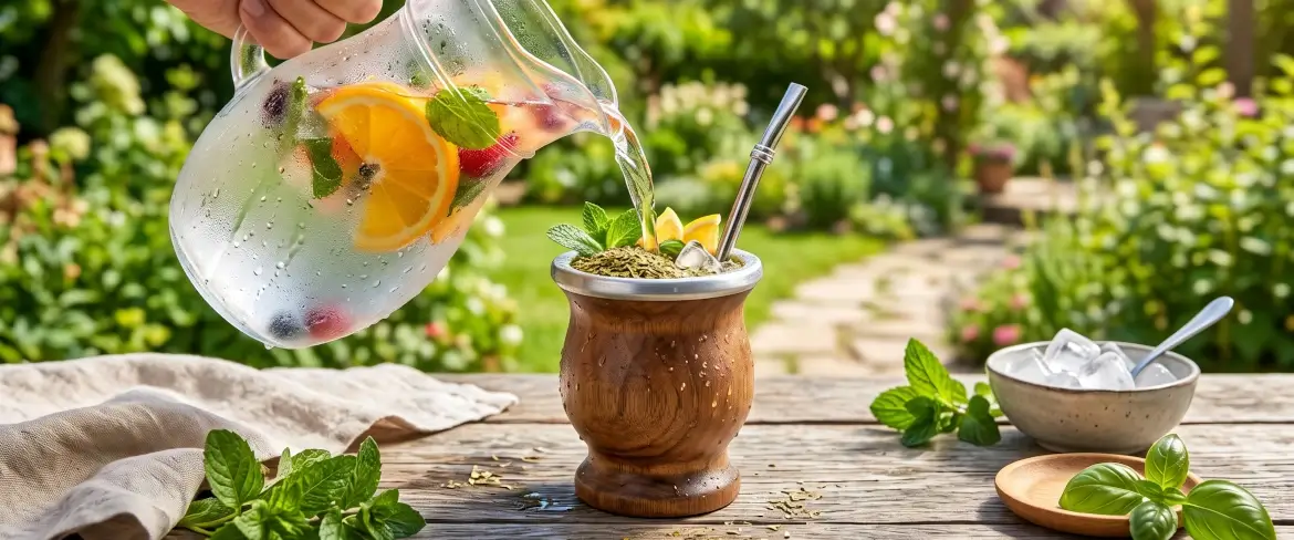 Se vierte yerba mate fría junto con zumo de fruta bien frío para preparar tereré