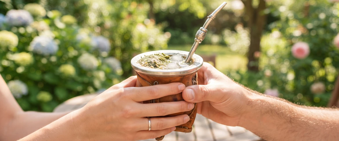 Dos personas compartiendo una calabaza de tereré bien frío en un jardín verde y soleado