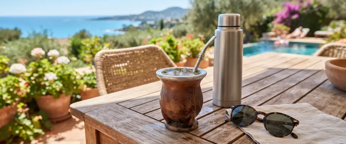 Relajación veraniega en una terraza con un termo y una calabaza de mate