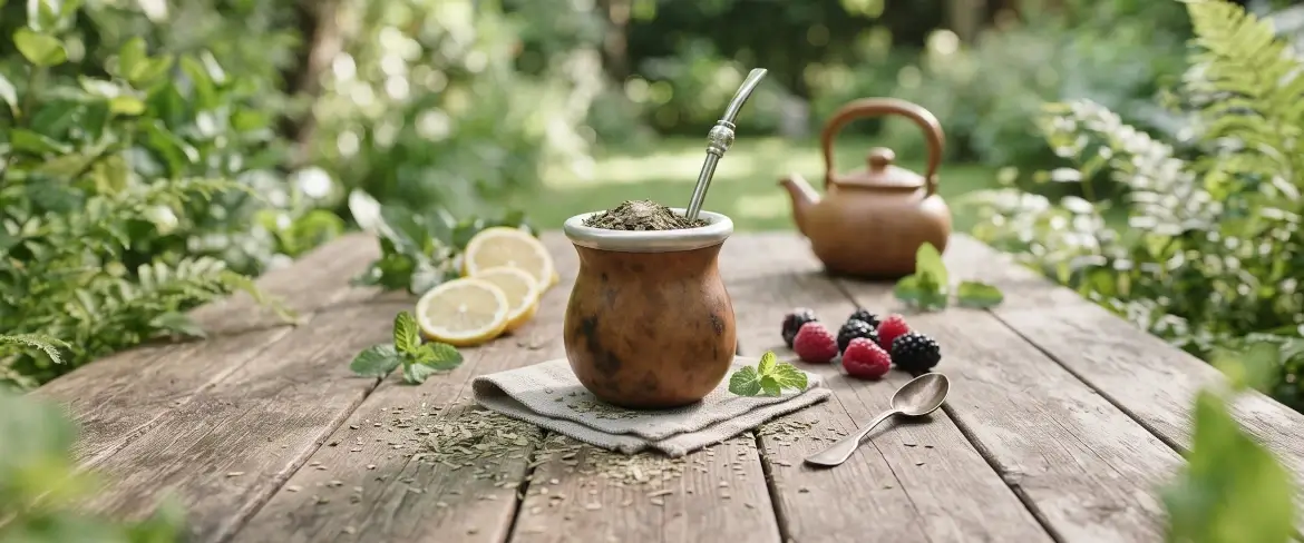 Una calabaza de mate con yerba mate sobre una mesa de madera, con limón y menta al lado, creando un entorno natural para la bebida.