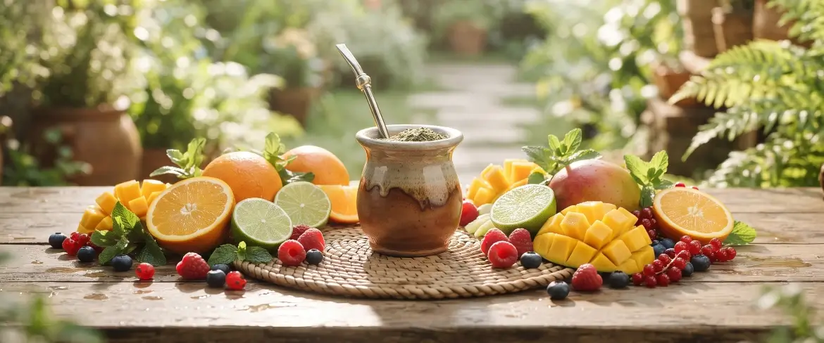 Una mezcla de yerba mate con cítricos, mango y frutos del bosque, servida en una calabaza de mate, que da lugar a una infusión fresca y refrescante.