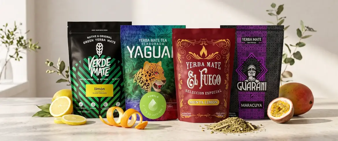 Paquetes tipo «doypack» de yerba mate con diferentes sabores a fruta, entre los que se incluyen los de cítricos y los de frutas.