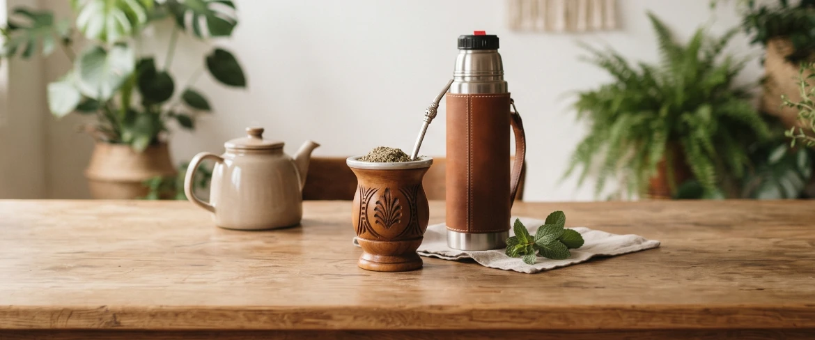 Una calabaza de mate con yerba mate, un termo y accesorios para preparar el mate sobre una mesa, que ilustran el ritual diario del mate.