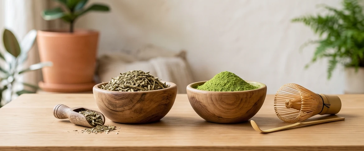 Té verde matcha frente a yerba mate: cuencos de madera con hojas secas de yerba mate y matcha verde en polvo.