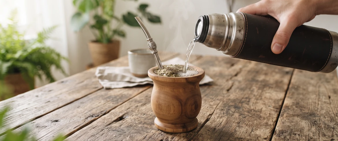 Se vierte agua caliente de un termo en una calabaza de madera para mate que contiene yerba mate y una bombilla.
