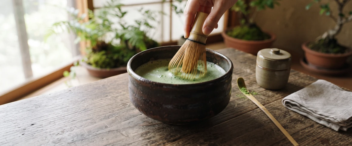 Preparación tradicional del matcha en un cuenco oscuro con un batidor de bambú (chasen).