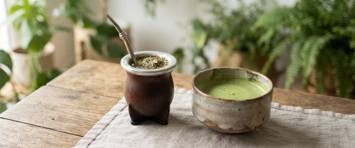 Comparación directa entre el matcha y la yerba mate: una calabaza de mate con una bombilla y un cuenco de cerámica con infusión.