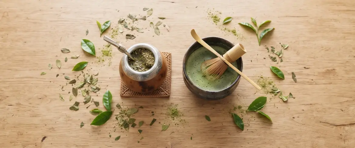 Vista desde arriba de la yerba mate y el matcha: una calabaza de madera para mate y un cuenco de cerámica rodeados de hojas.