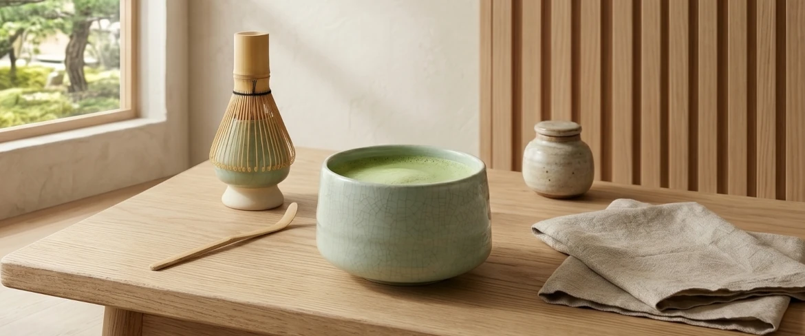 Té matcha en un cuenco matchawan con un batidor chasen: juego de té matcha