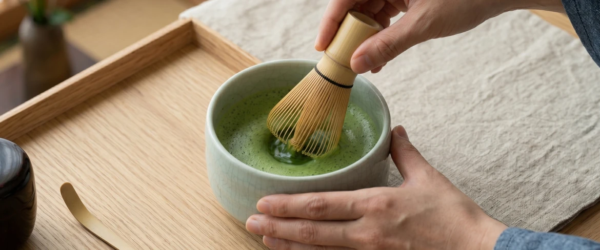 Preparación del té matcha en una taza de matcha con un chasen: un juego de matcha