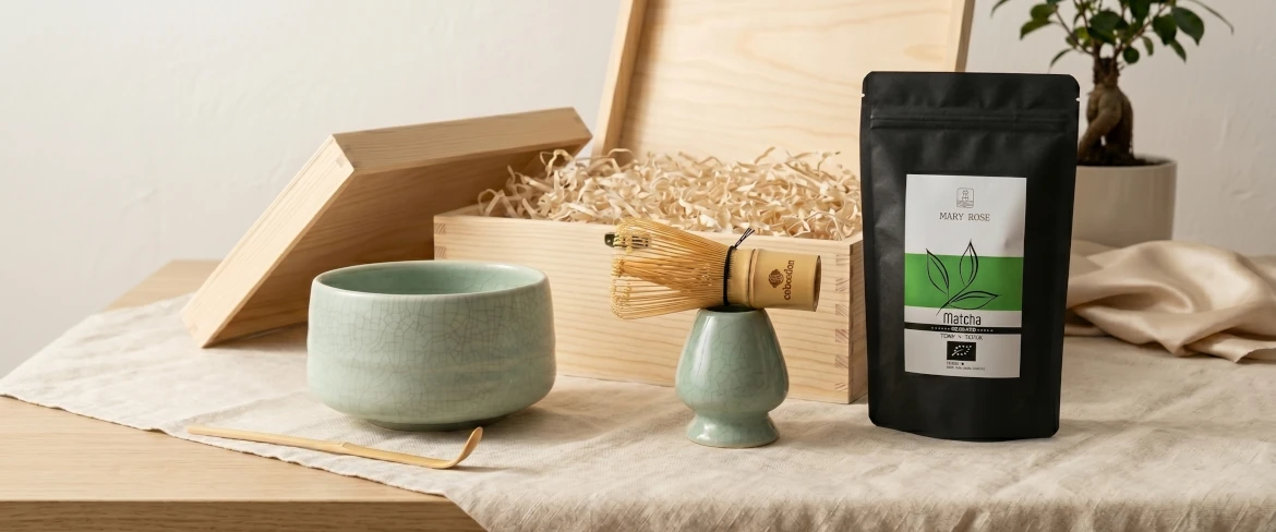 Set de regalo de matcha: cuenco para matcha, batidor y té matcha en su envase