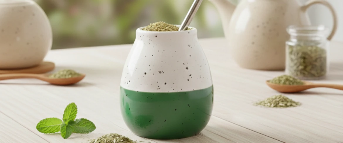 Cómo preparar la yerba mate: taza de yerba mate llena de hojas y una bombilla.