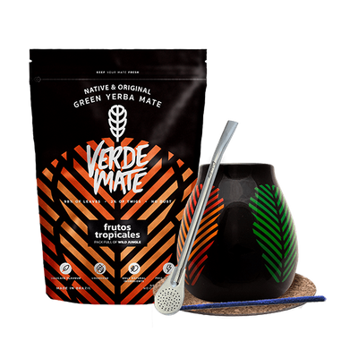 Set de Yerba Mate: Verde Mate Frutos Tropicales 500g + Calabaza + Bombilla
