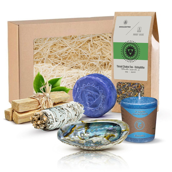 Set de regalo para Chakra Garganta (Vishuddha): té de chakra + incienso + vela