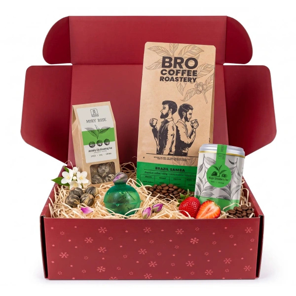 Set de regalo navideño con café y té: Bro Coffee Roastery Brazil Samba + tés Mary Rose