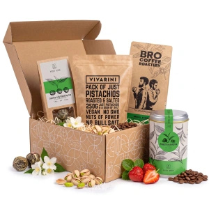 Set de regalo con café y té + pistachos tostados y salados