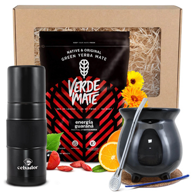Set de regalo de Yerba Mate: Verde Mate Energía Guaraná 0,4kg + Yerbomos X + Calabaza + Bombilla