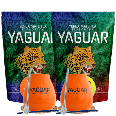 Set para parejas - Yerba Mate Yaguar Naranja 500 g + Yaguar Menta Limon 500 g + Accesorios