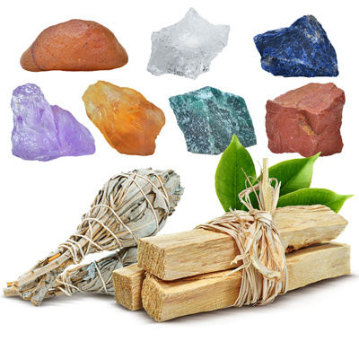 Conjunto de piedras naturales, cristales e incienso - esoterismo, yoga, meditación
